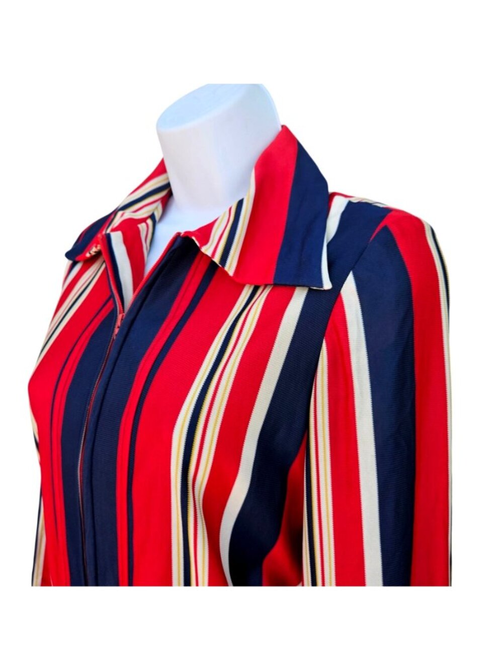 Vintage 70s California Stripe Nylon Knit Dress Red White Blue Zip Front Womens M - Picture 14 of 14